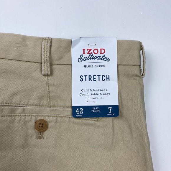 NEW Izod Saltwater Stretch Shorts Mens 42 Stretch 7" Flat Front Tan Chino - Picture 6 of 11